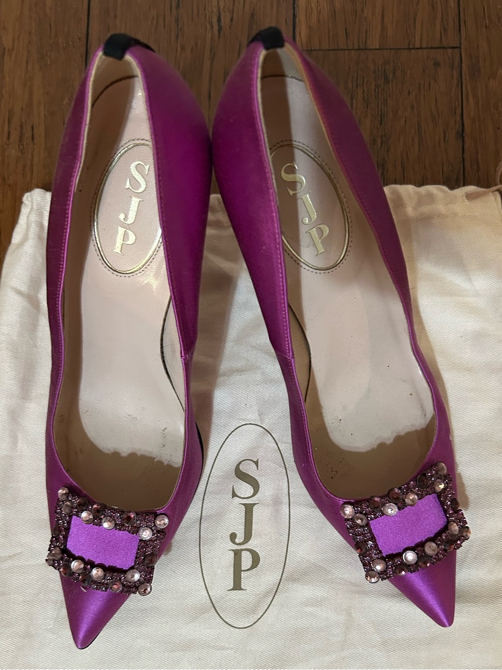 SJP by Sarah Jessica Parker Purple Satin Pointed Toe Heels with Jeweled Buckle